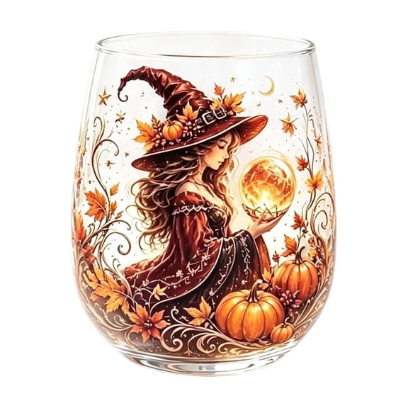 LEVEO 3D Enchanting Witch Glass Art Cup,Halloween Decorative Glass Cup(Autumn Flame Witch)