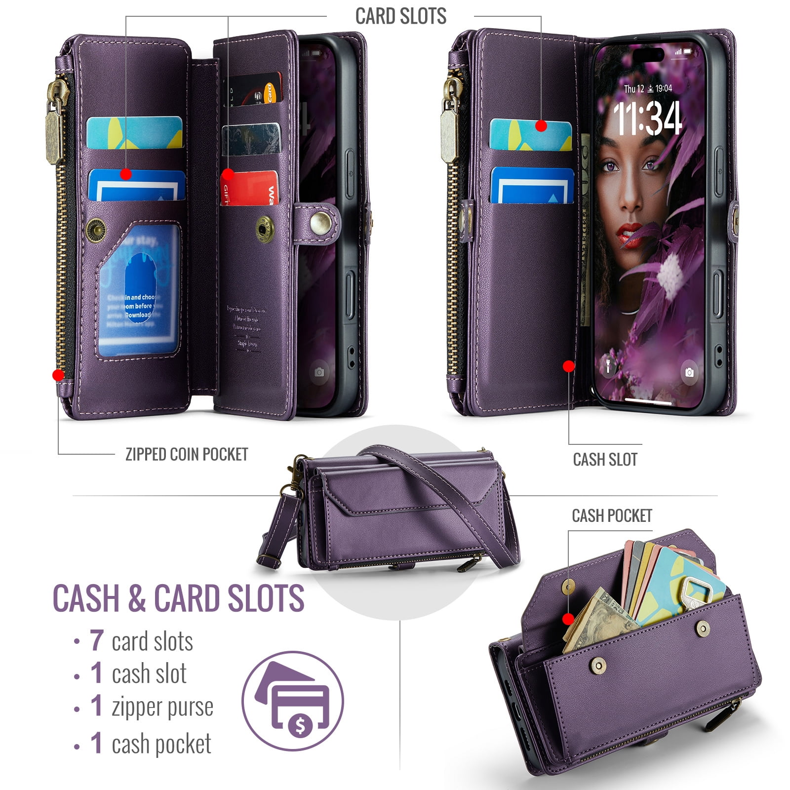 Asuwish Compatible with iPhone 17 6.3 inch Zipper Wallet Phone Case Tempered Glass Screen Protector Crossbody Lanyard Strap Flip Card Holder Slot Cell Cover for i Phone17 i17 17Case Women Purple