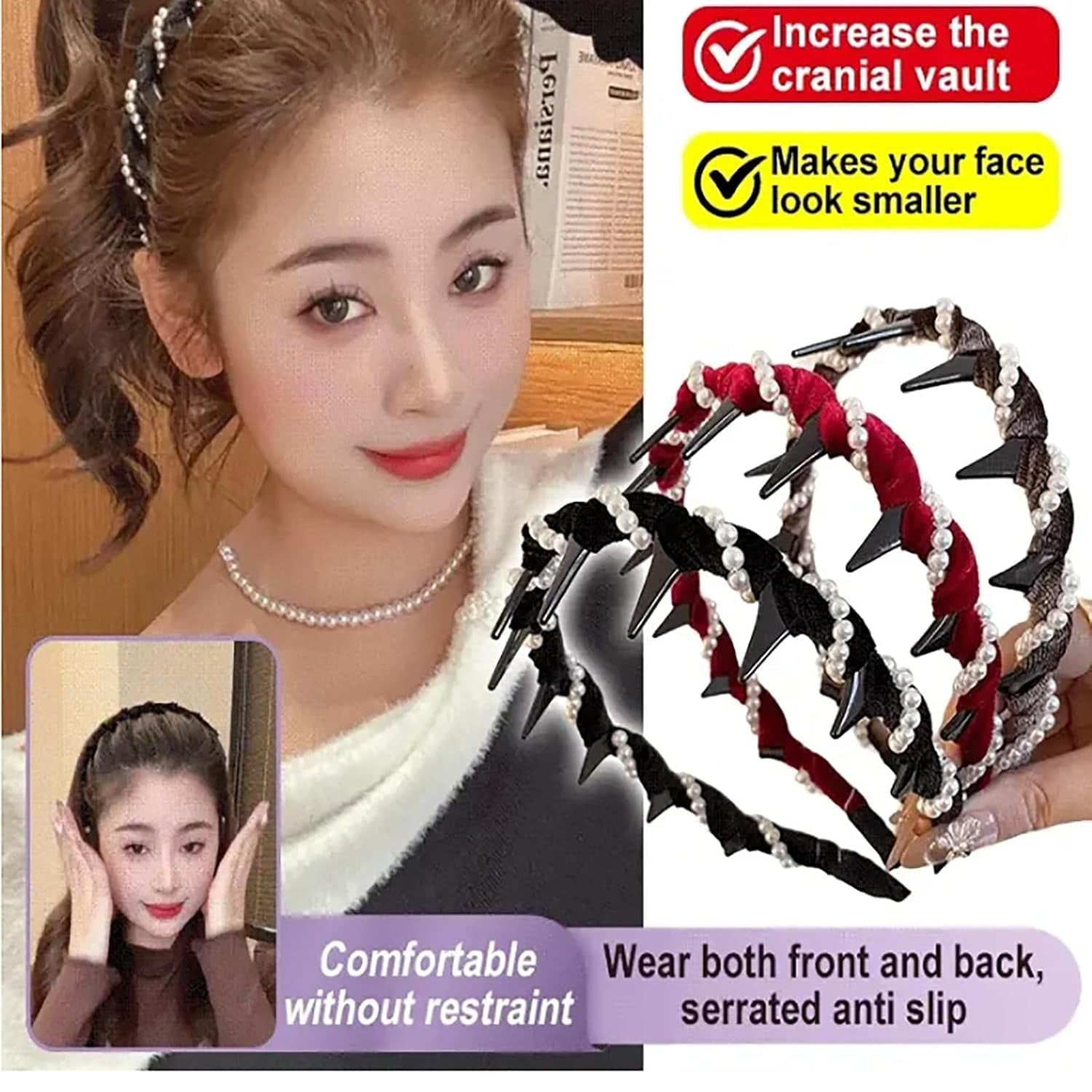 Retro High Skull Pearl Headband, Vintage High Cranium Artificial Pearl Hairband, Reversible Retro Fashion Tooth High Skull Headband, Serrated Anti-Slip Teeth for Elegant Daily Wear