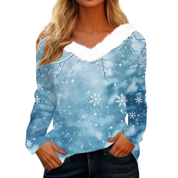 Garbnen Christmas Sweatshirt Faux Fur Trim V Neck Snowflake Printed Women Long Sleeve Shirts Holiday Xmas Funny Winter Warm Pullover Tops for Women
