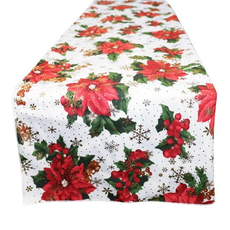 

Christmas Floral Poinsettia and Holly Mistletoe Polyester Cotton Decorative Table Runner