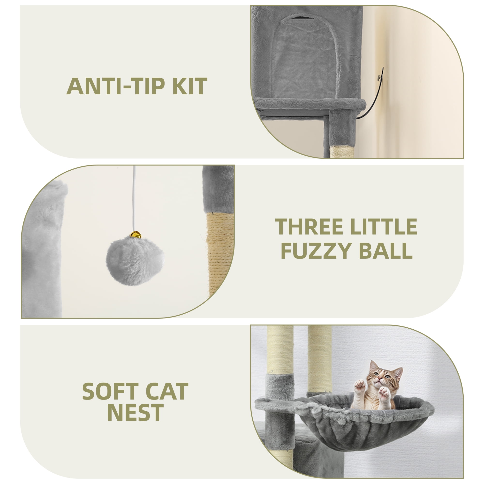 Uforic 75in Large Cat Tree Tower, Multi-Level Cat Condos, with Scratch Posts, Cozy Basket Hammocks, Top Perches, Sisal Ramp, Light Gray