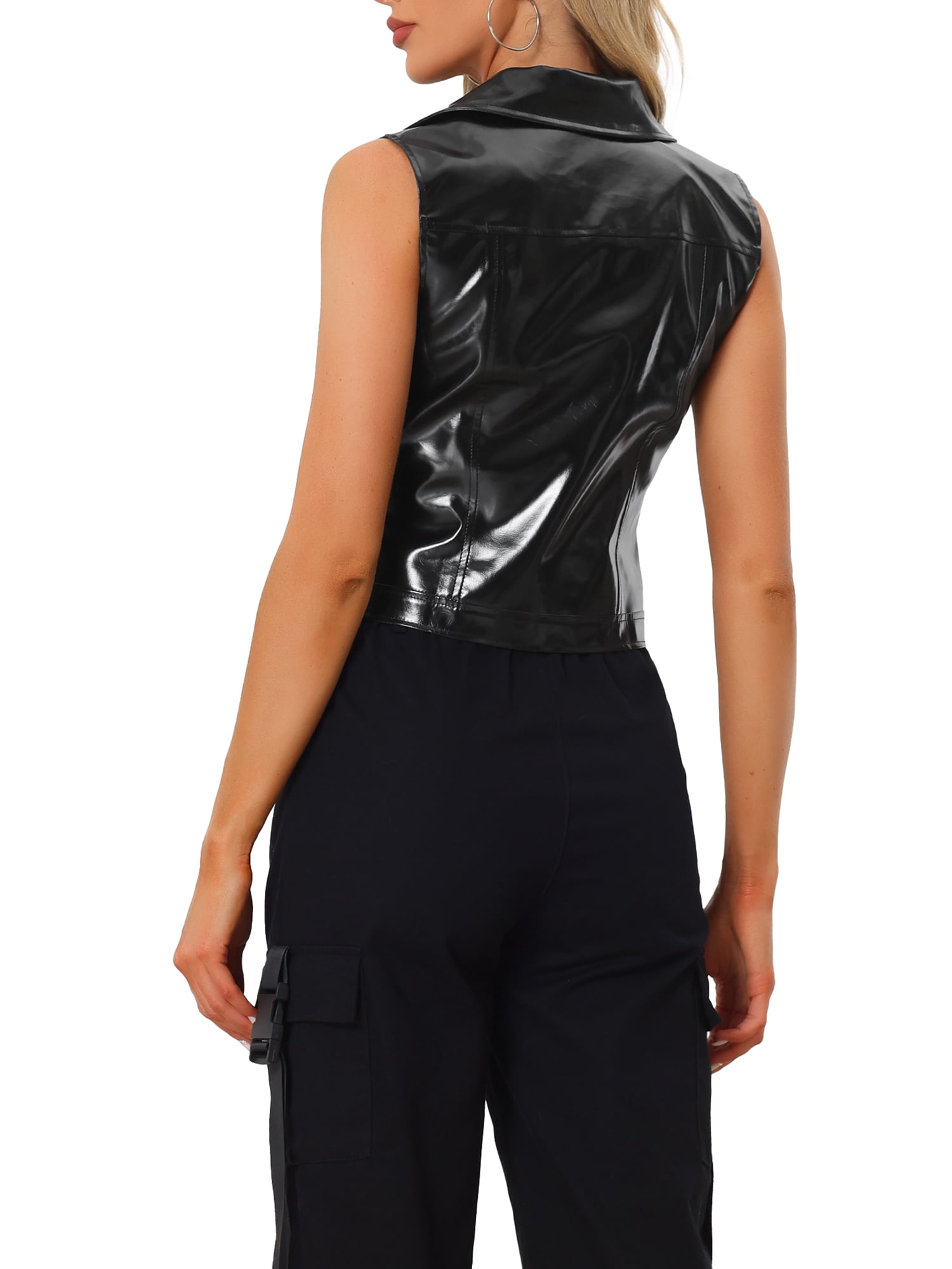 INSPIRE CHIC Women's Metallic Faux Leather Lapel Collar Sleeveless Zip Cropped Vest M Black