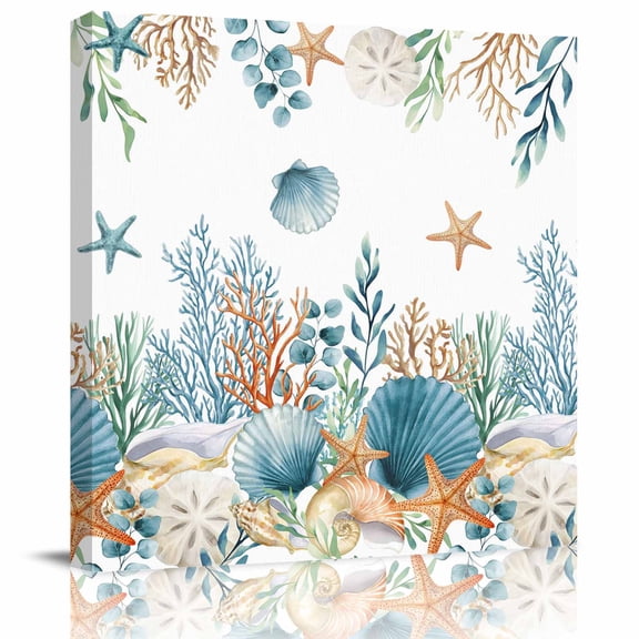 Framed Canvas Wall Art for Living Room Ocean Coral Wall Decor, Seagrass Starfish Conch Shell Aesthetic Paintings for Bedroom Office Kitchen Bathroom, Ready to Hang Artwork Wall Pictures 8x8 Inch