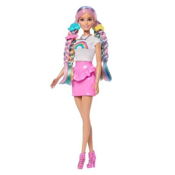 Barbie Rainbow Sparkle Hair Fashion Doll with Extra-Long Hair and 12 Styling Accessories