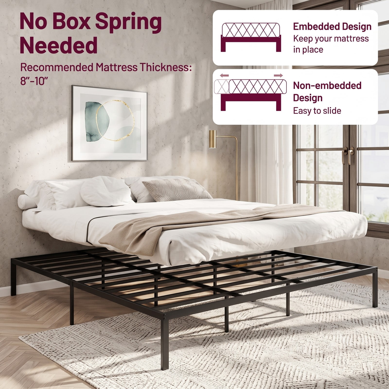 Furnibear Queen Metal Bed Frame Platform Bed with Heavy Duty Steel Slats and Reinforced Center Legs for Guest Room, Black