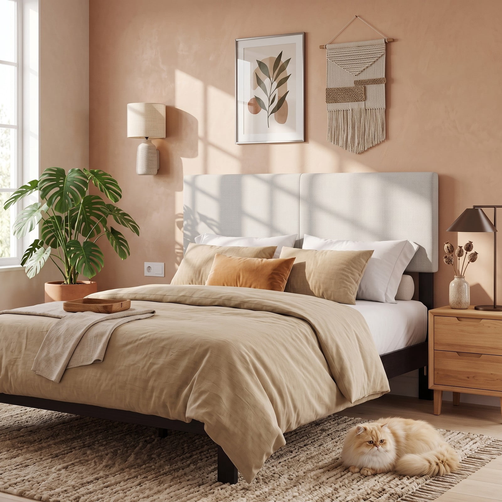 Furnibear Upholstered Headboard for Queen and Full Size Beds, Faux Linen Fabric Panel with Adjustable Mounting Legs, Beige