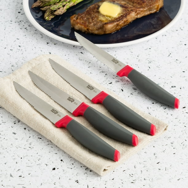 Tasty 4 Piece Stainless Steel Steak Knife Set, Serrated Edge, Red