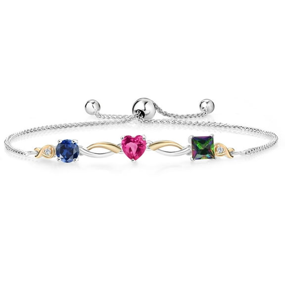 Gem Stone King 925 Silver and 10K Yellow Gold Blue and Pink Created Sapphire and Green Mystic Topaz and Lab Grown Diamond Tennis Bracelet for Women By Keren Hanan (2.20 cttw, Adjustable up To 9 inch)