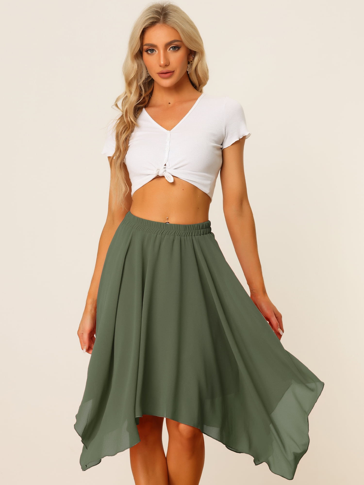 DARING DIVA Women's Asymmetrical Hem Chiffon Midi Skirt L Army Green