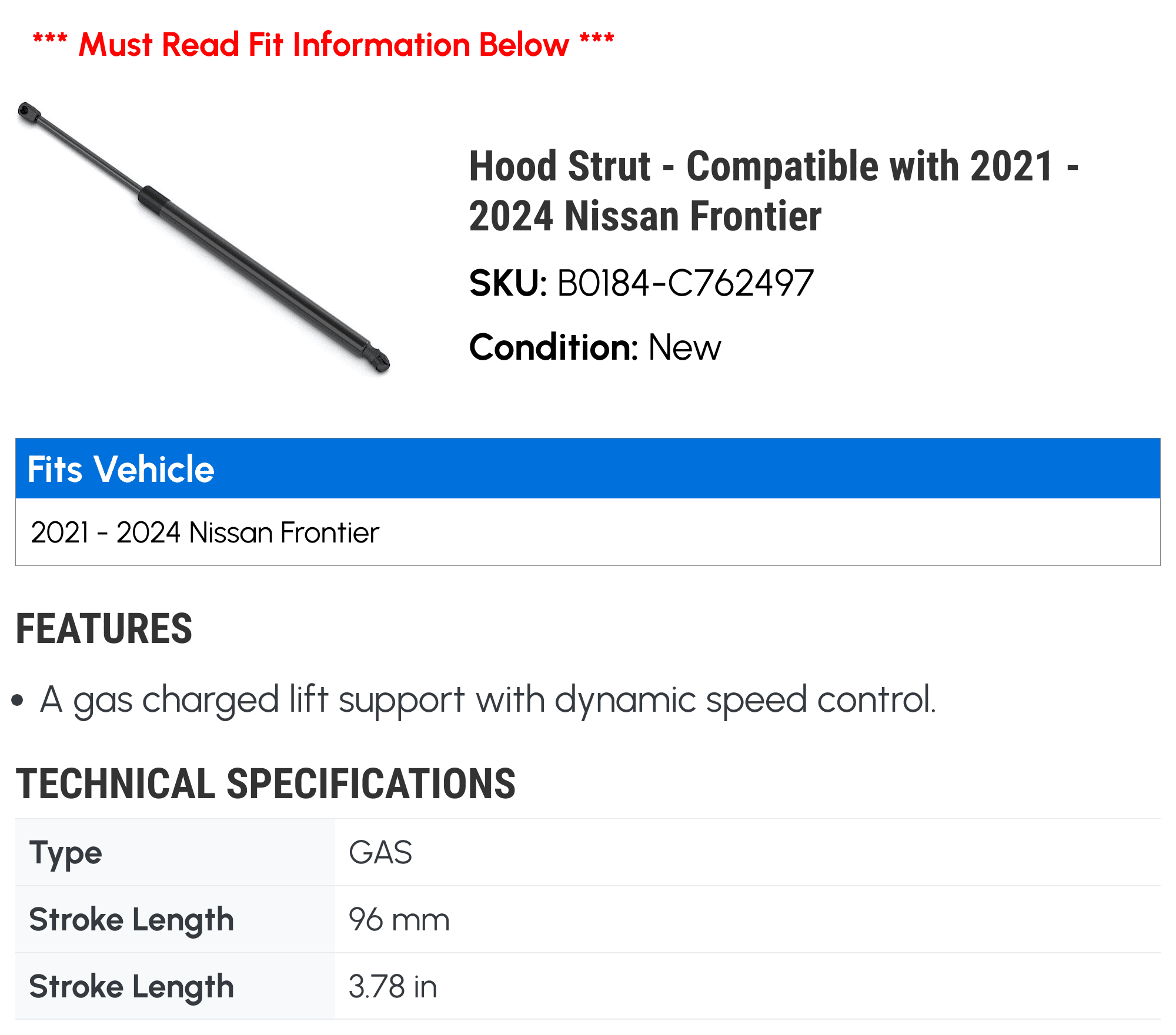 Hood Strut - Compatible with 2021 - 2024 Nissan Frontier 2022 2023