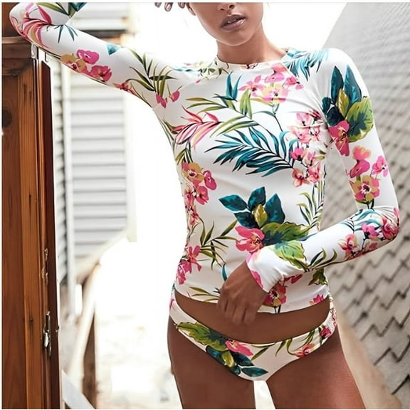 Women's Floral Printed Two Piece Swimsuit Long Sleeve Rash Guard Bikini Bottoms Swimsuit UPF 50