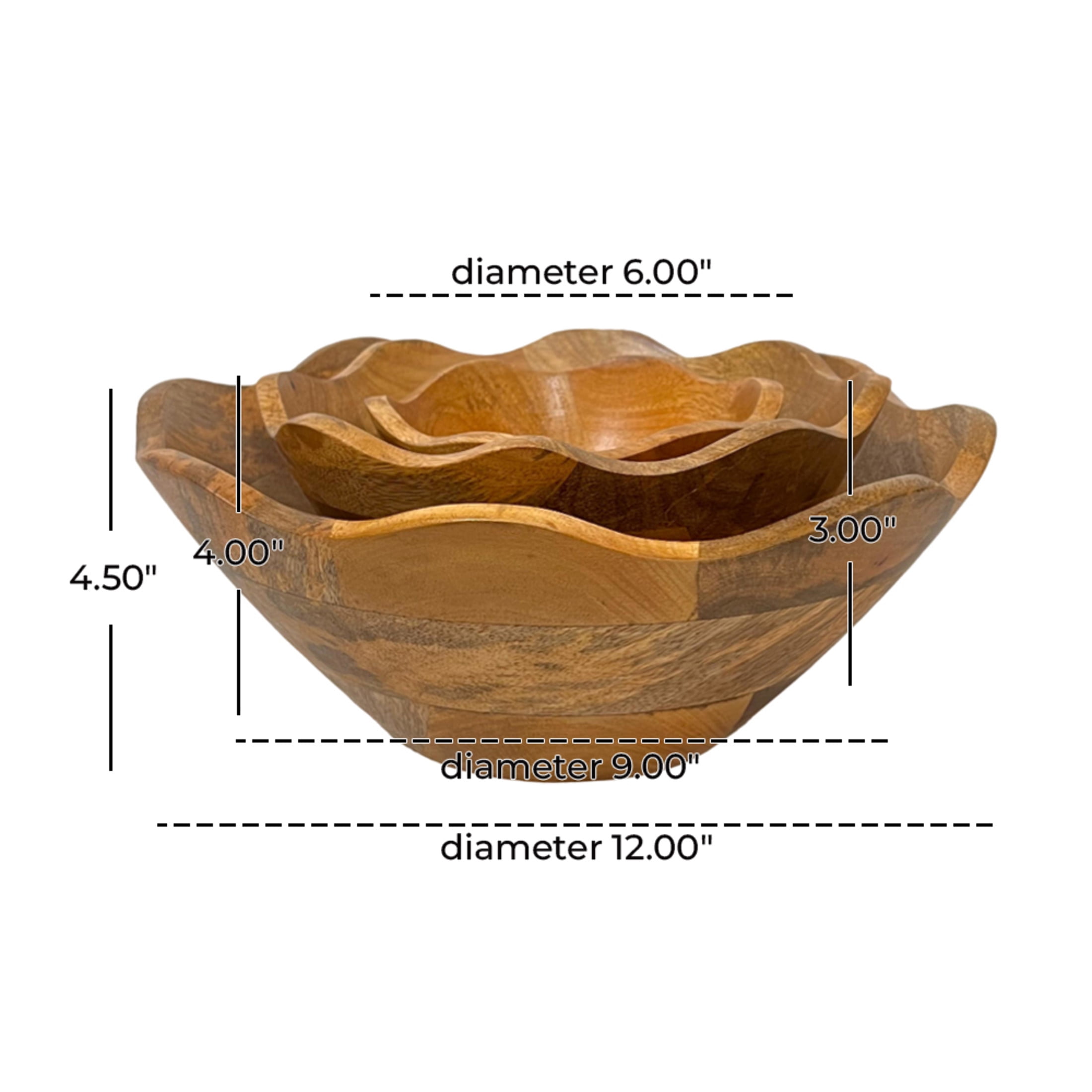 DecMode 12", 9", 6"W Handmade Round Floral Brown Mango Wood Decorative Bowl, Set of 3