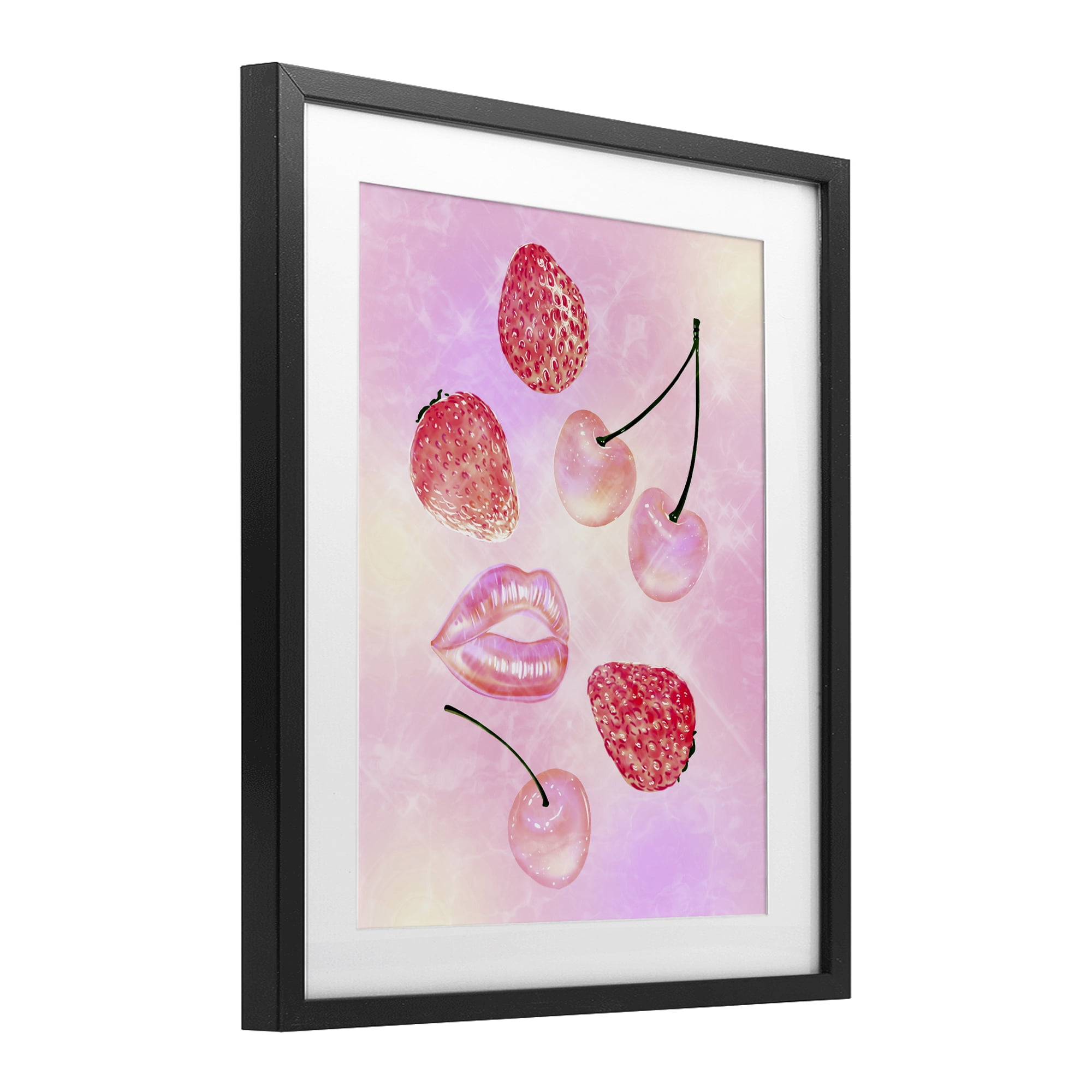Pink Fruits and Kisses Black Framed Print Under Glass, design by Ziwei Li