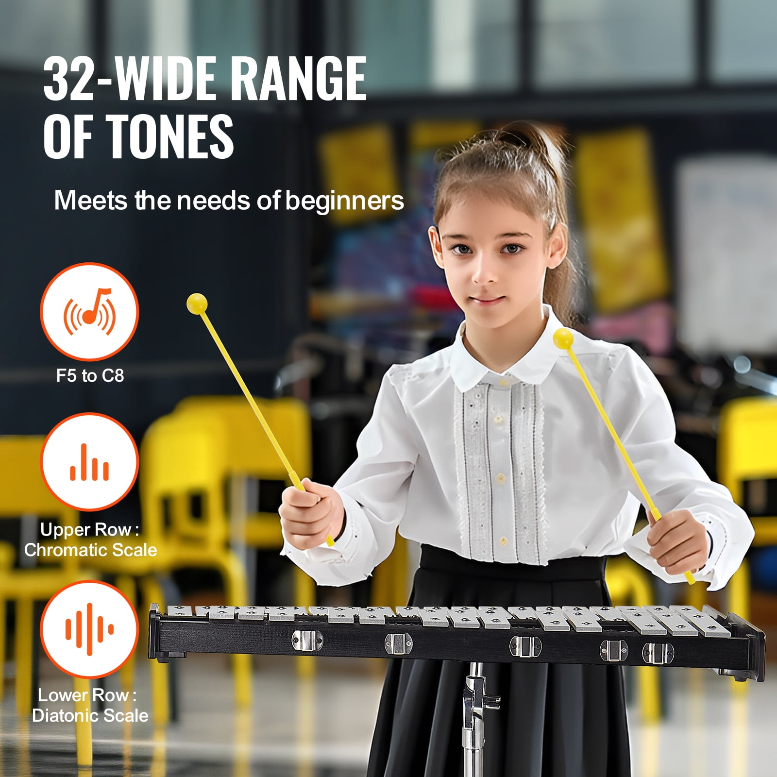 KFFKFF 32-Key Glockenspiel Bell Kit, Complete Percussion Set for Students & Adults with Mallets, Sticks, Sheet Music Holder, 8" Practice Pad, Height-Adjustable Stand & Portable Bag