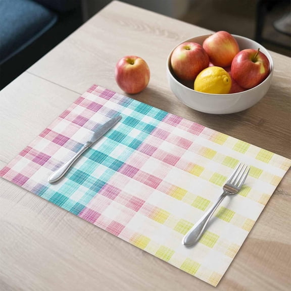 Placemats Set of 4, Easter Red Yellow Blue Stripes Washable Table Mats for Dining Table, Abstract Buffalo Plaid Wipeable Place Mats for Kitchen Indoor Outdoor