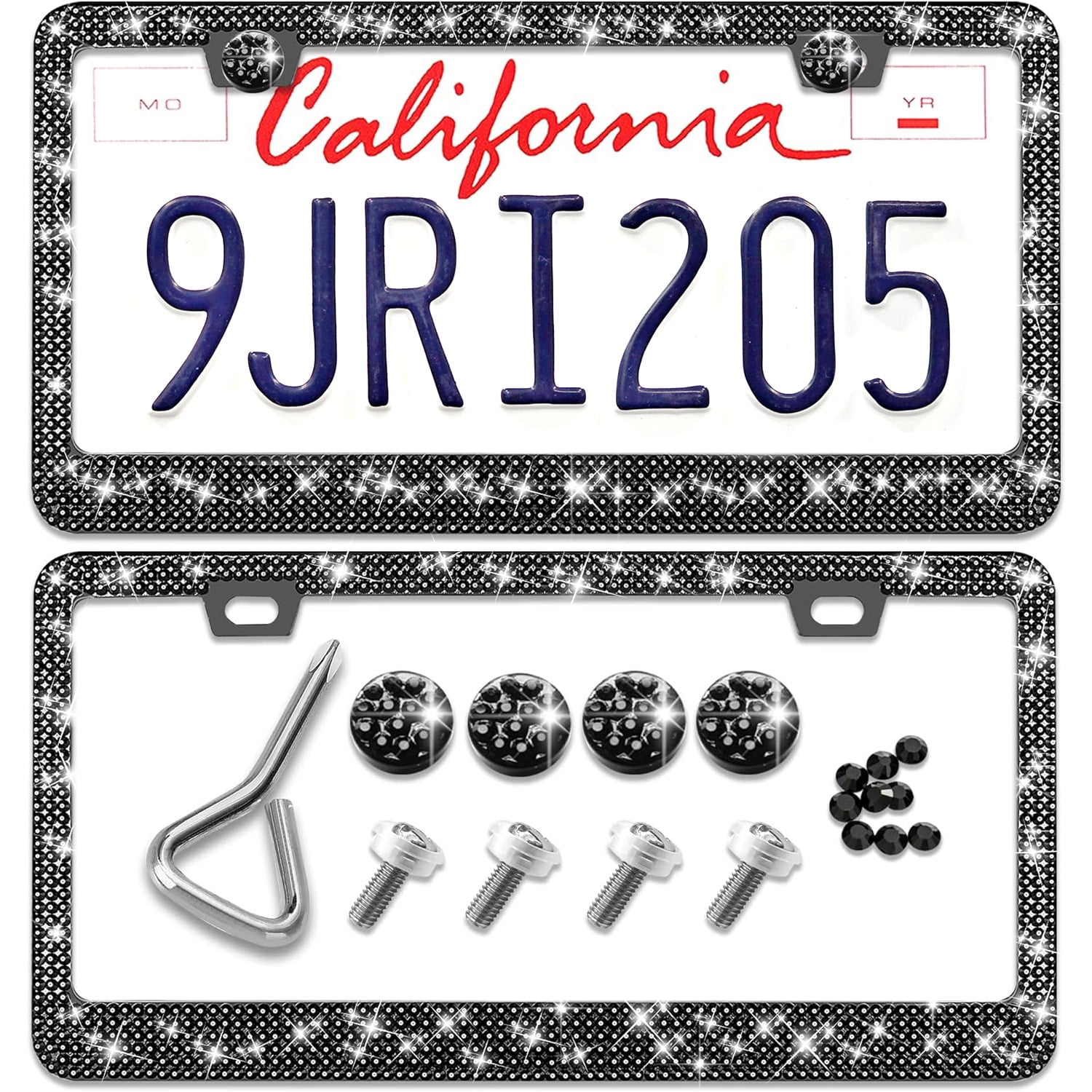 Bling License Plate Frame, 2 Pack Rhinestone License Plate Frames Holder Cover for Women (Black)