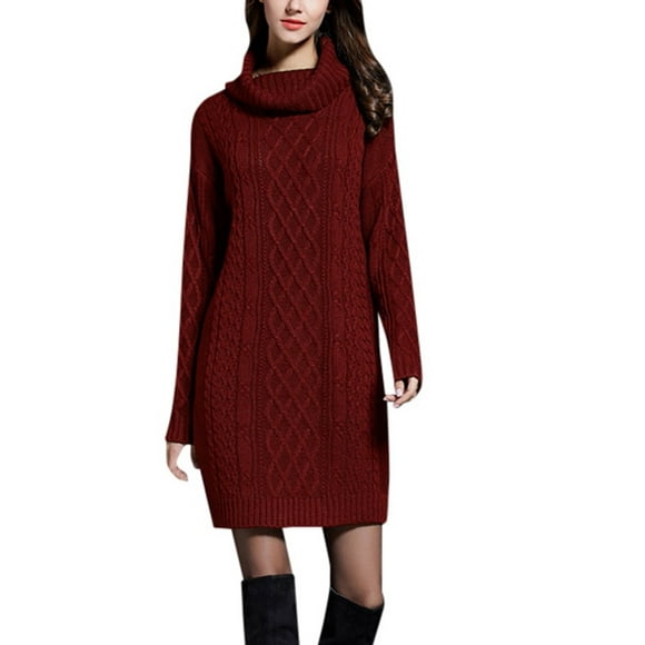 Lolmot Womens Solid Color High Collar Casual Knit Sweater Dress