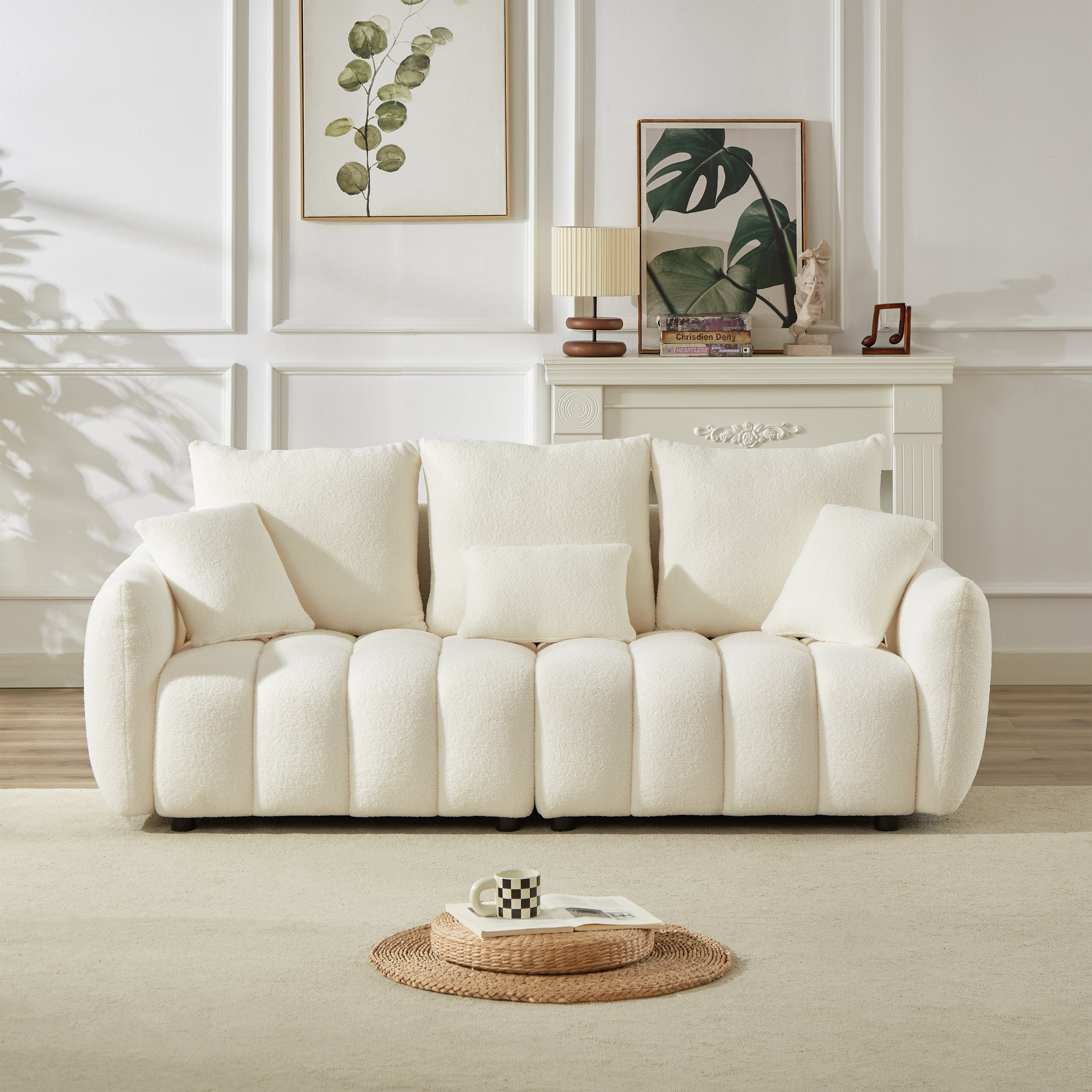 Combo Sofa Set 1+3+3 Seater with 7 Cushions, Teddy Fleece Wooden Frame Modern Living Room Sofa for Apartment, Beige
