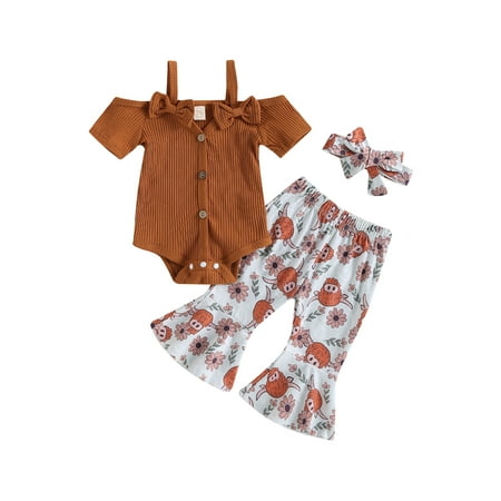 

Gwiyeopda 3PCS Toddler Girl Short Sleeve Romper Rib Knit Button Bodysuit Flare Pants Clothes