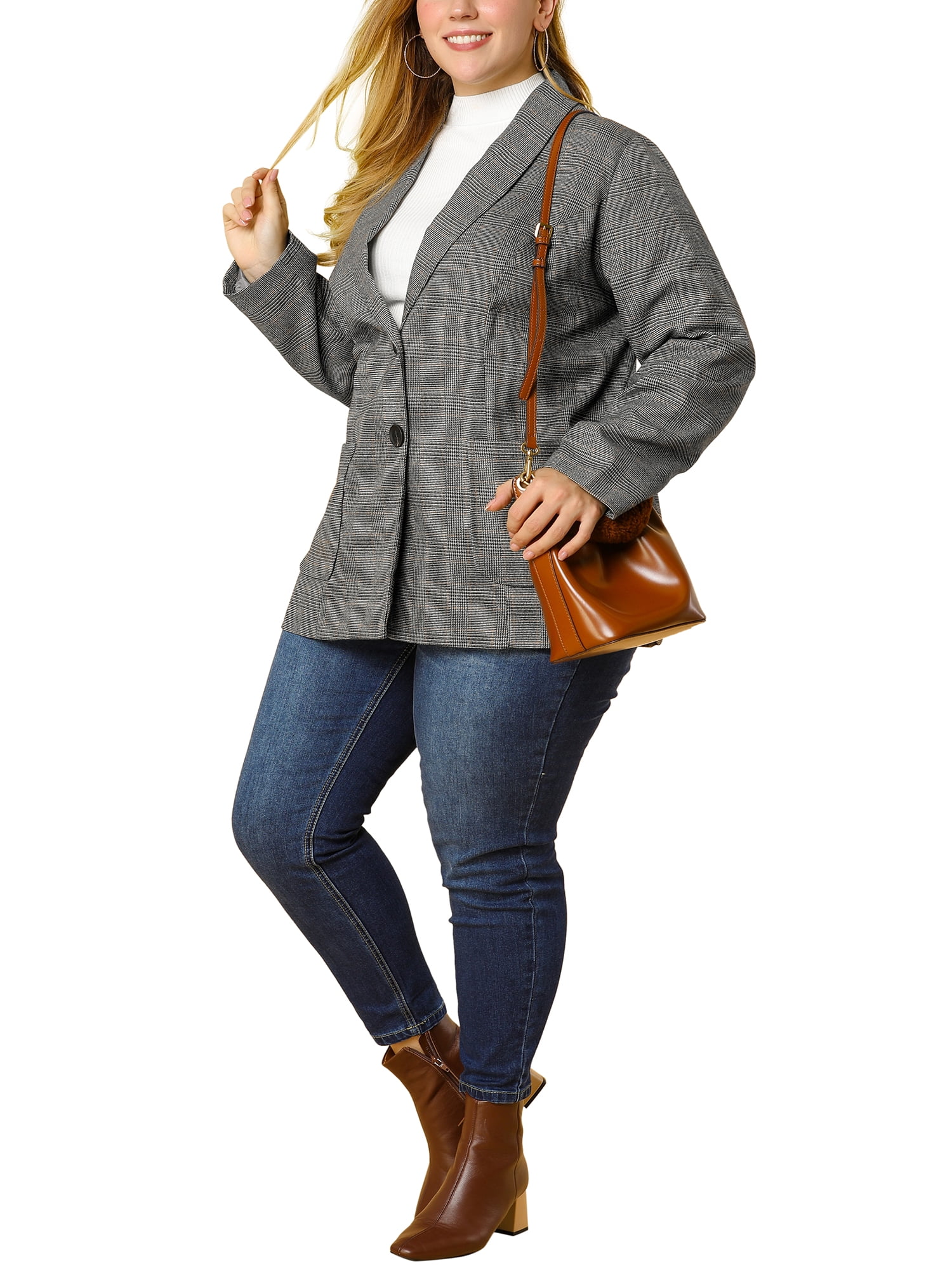 Unique Bargains Juniors' Plus Size Plaid Notched Lapel Collar Blazers