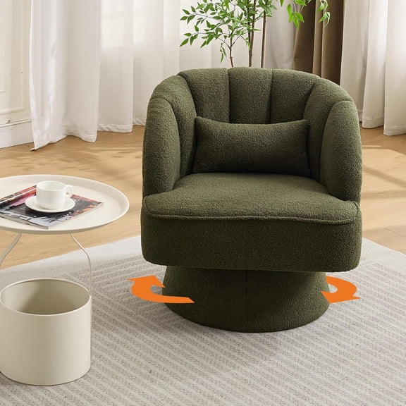 Modern Swivel Barrel Accent Chair, 360° Teddy Fabric Upholstered Armchair with Striped Backrest & Plush Padding, Comfy Round Lounge Chair for Living Room, Bedroom, Reading Nook, Green