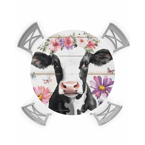 nqOlkjepod Country Cow Round Tablecloth, Fitted Table Cover with Elastic for 55"-60" Round Tables, Botanical Flowers Floral Wooden Grain Table Cloth Outdoor Dinning Party Waterproof Tablecloths
