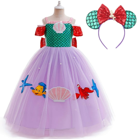 Girls Mermaid Princess Dress w/Headband Ariel Costume Halloween Birthday Gown for 3-4T