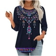 thumbnail image 3 of JTZGDY Women's 3/4 Length Sleeve Tops Dressy Casual Ruched Pleated Blouses Cute Floral Printed Crewneck Graphic T-Shirts Loose Curved Hem Tunic Fall Outfit Tshirts Clothes Navy#05 XL, 3 of 7