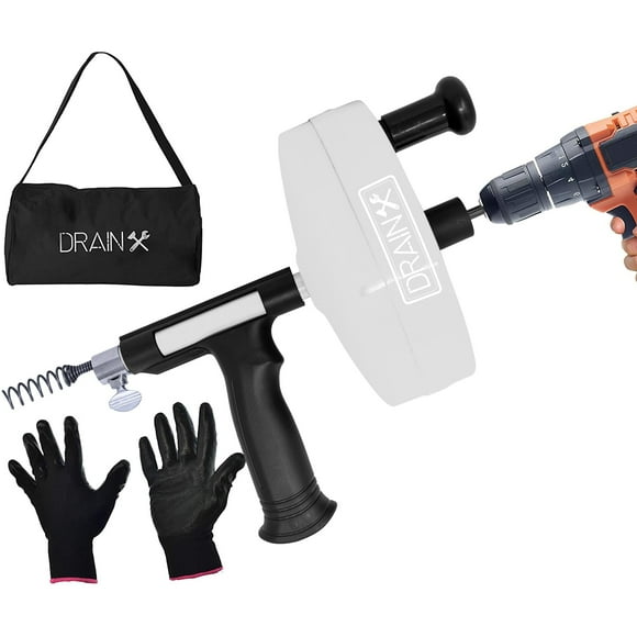 DrainX 50-FT Steel Power Pro Drum Auger Plumbing Snake with Drill Attachment Use Manually or Powered Heavy Duty cable with Work gloves and Storage Bag Included