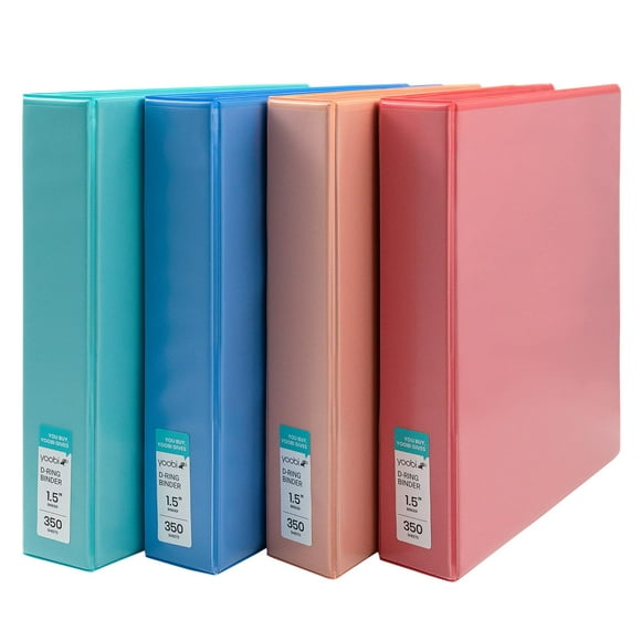 Yoobi 1 1/2 Inch Binder Set - 3-Ring Binders with 2 Pockets - Perfect for School or Office - Holds up to 375 Sheets - 4 Pack - Solid Multicolor Variety