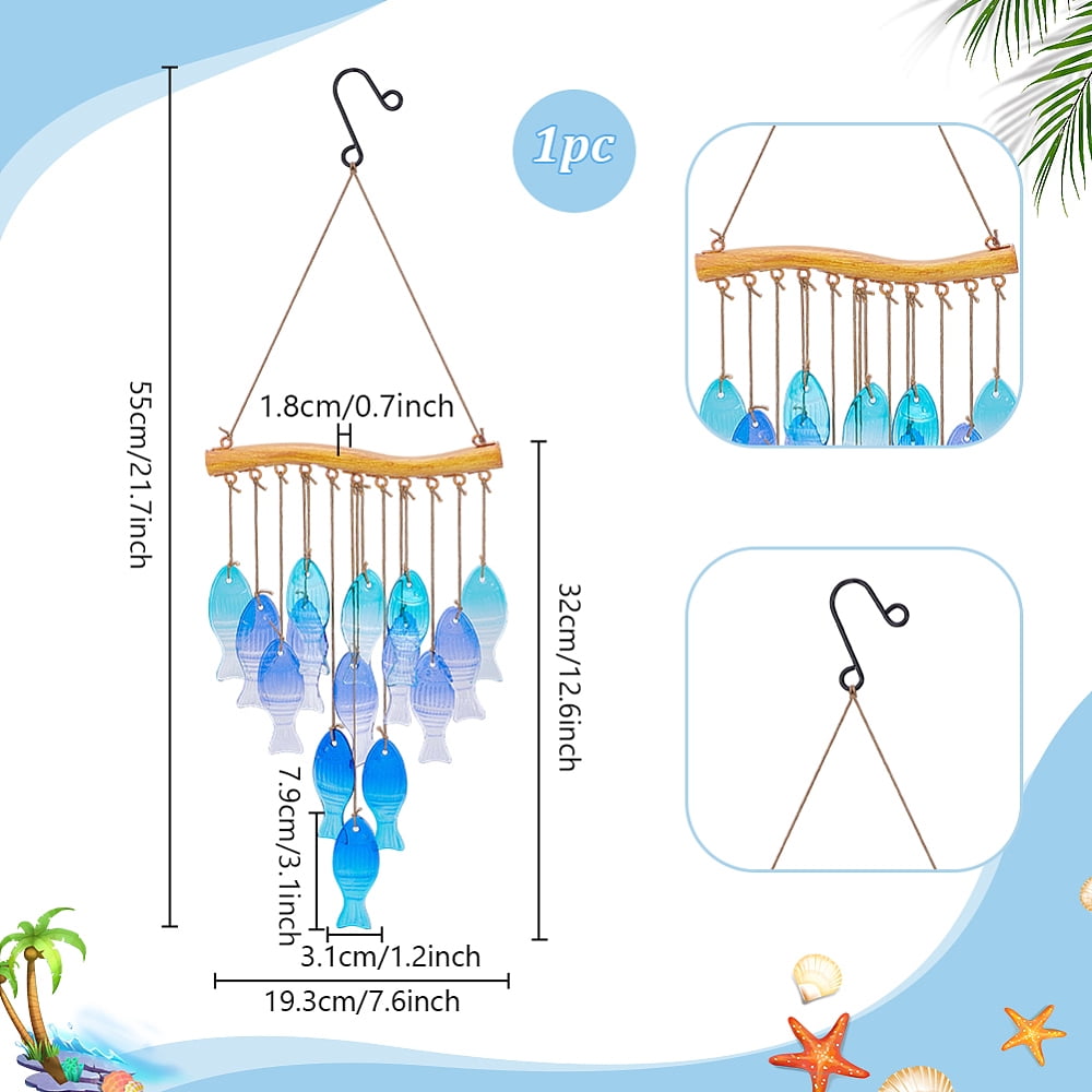 Glass Fish Tassel Wind Chimes with Iron Hook for Window Outdoor Garden Decor Dark Turquoise 550mm DIY
