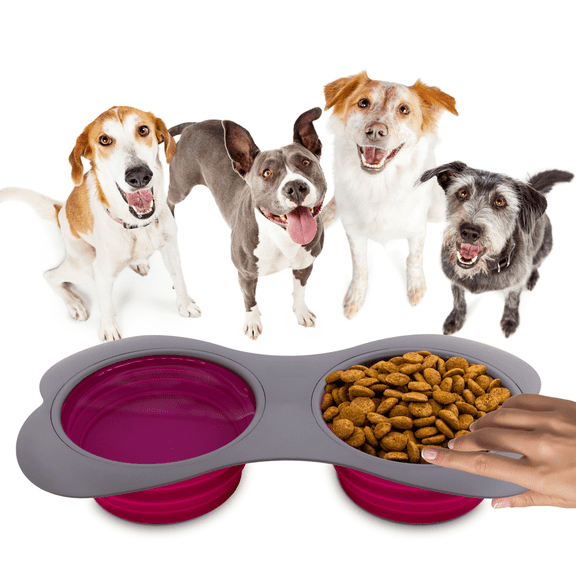 Kewoow Double Silicone Bowl collapsable Dog & Cat, set of Bowls, with Skid Resistant base, Foldable Non-Spill Travel pet for water and food, puppies, Large- Magenta 33.81 fl oz/ 4 us cups