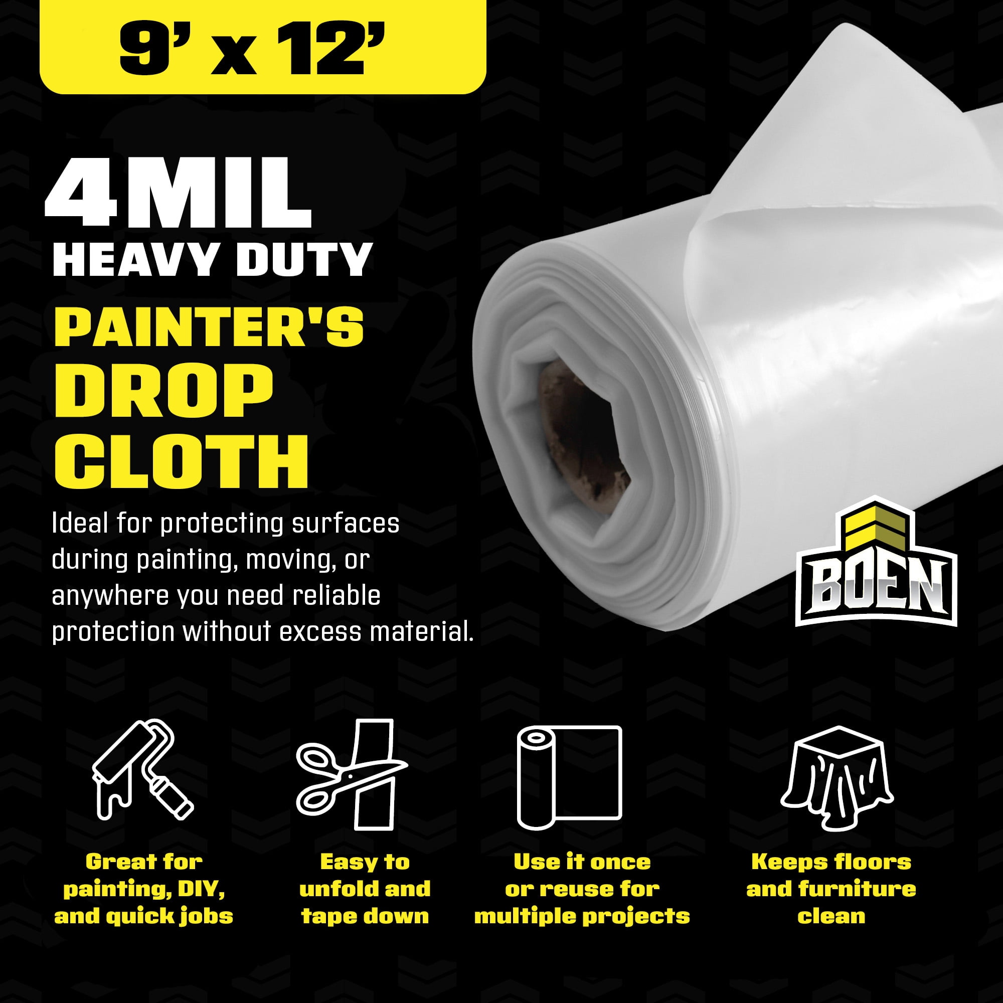 BOEN 9x12 Plastic Drop Cloth – 9-pack 4 Mil Painters Plastic Sheeting Roll – Waterproof Disposable Tarp for Painting, Furniture, Dust Protection & Window Insulation – Contractor-Grade Bulk Case