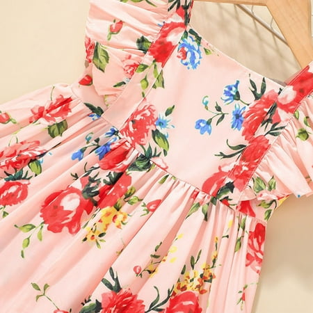 

PEASKJP Girls Plus Size Dresses Toddler Girls Short Sleeve Floral Prints Boho Ruffles Princess Casual Dress Strappy Flowy Casual Dresses for Girls Pink 12-18 Months