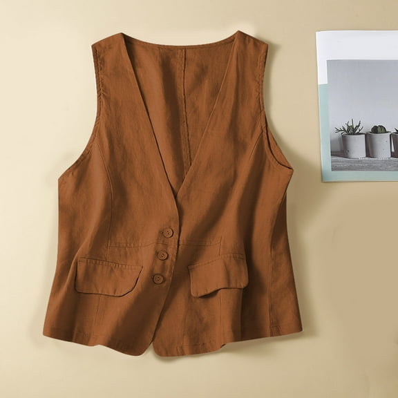 ELFINDEA Womens Coats Jackets for Women Vintage Vest Summer Deep V-Neck Solid Casual Sleeveless Tank Cotton Linen Thin Outerwear Vest Womens Tops Brown 1X
