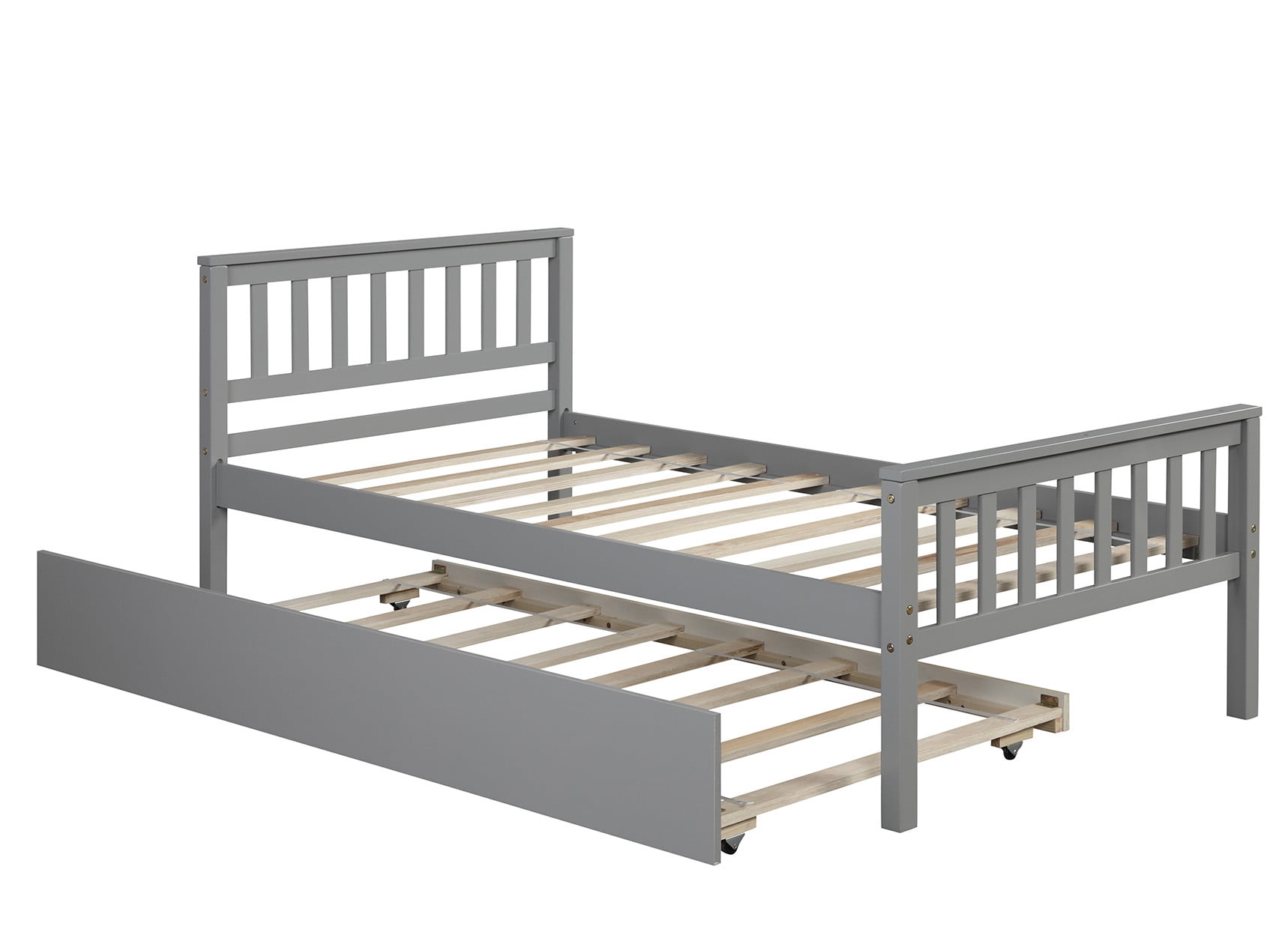 Aukfa Twin Platform Bed with Trundle for Kids - Wood Bed Frame - Gray