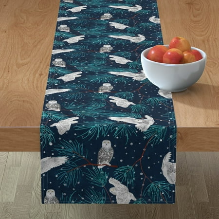 

Cotton Sateen Table Runner 108 - Snow Hunting Nature Owl Owls Winter Navy Blue Arctic Rustic Holiday Woodland Pine Forest Print Custom Table Linens by Spoonflower