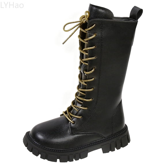 LYHao Girls Boots Lace Up Booties Outdoor Combat Boots Riding Mid Calf Bootie for Little Girl Winter Boot ,Girls Boots Sizes 10.5 Black(4-4.5 Years)