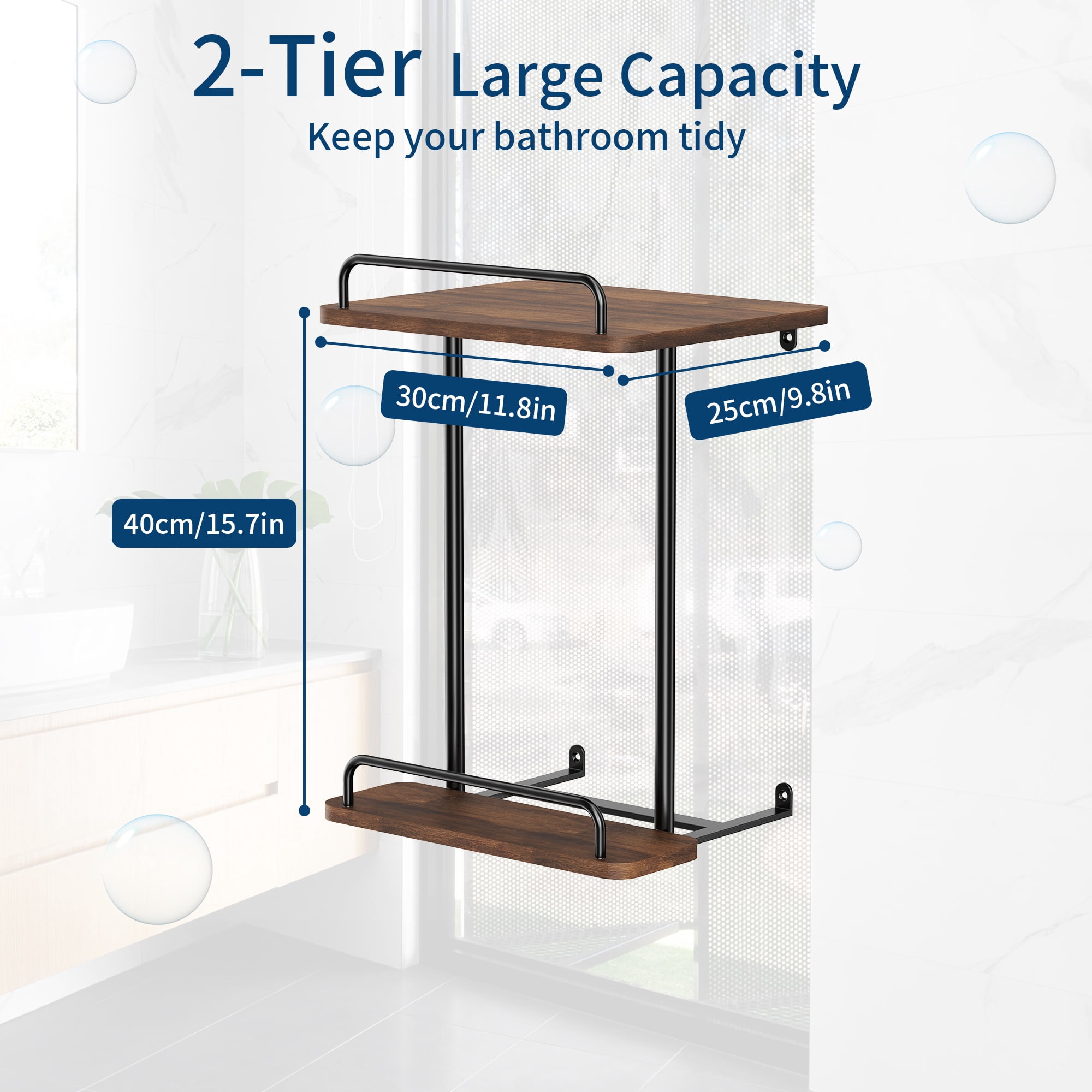 Bath Towel Storage for Small Bathroom Wall Mounted, 2 Tier Towel Shelf, Wall Towel Rack for Rolled Towels, Towel Holder with Metal Shelf, Towel Organizer with Hang Rod