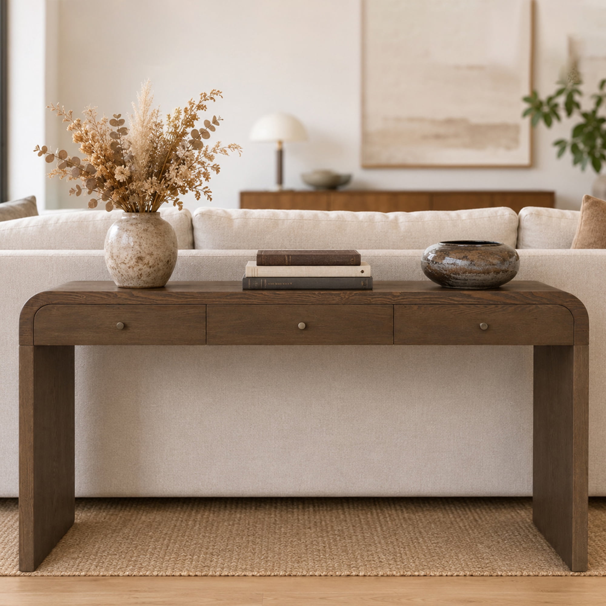 Leumius Curved Side Table with 3-Drawer, Entryway Sofa Table with Gold Pull Handles, Storage Accent Table for Living Room Hallway Foyer Dark Brown