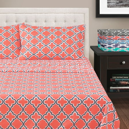 Extra Long Twin Comforter Set Superior All Season Hypoallergenic, Breathable, Lightweight, Wrinkle, Fade Resistant, Brushed Microfiber Printed Trellis Sheet Set, Twin - Coral ()