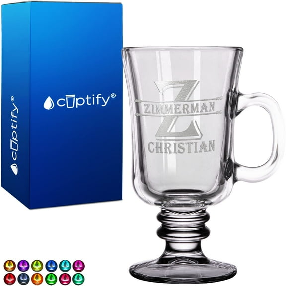 Personalized Glass Mug Initial Block 8.5 oz Etched Irish Coffee Mug for Espresso Cups with Custom Text Birthday Gift for Men and Women