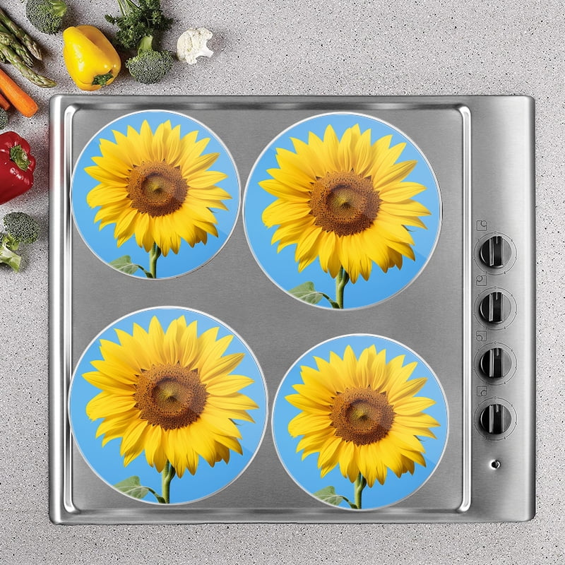 Bahomeck Electric Stove Burner Covers Set Of 4,Beautiful Sunflower Under The Blue Sky Metal Gas Stove Burner Covers,Protecting Gas Stoves,8 Inch And 10 Inch