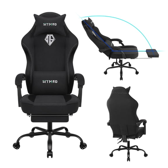 SITMOD Ergonomic Gaming Chair with Lumbar Support & Footrest - Adjustable Height Recliner, 360° Swivel Seat, Fabric, Headrest, Metal Frame for Home Office & Gaming (Black)