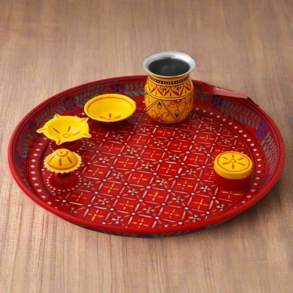 Hand Painted Puja Thali With Diya: Arti Thali