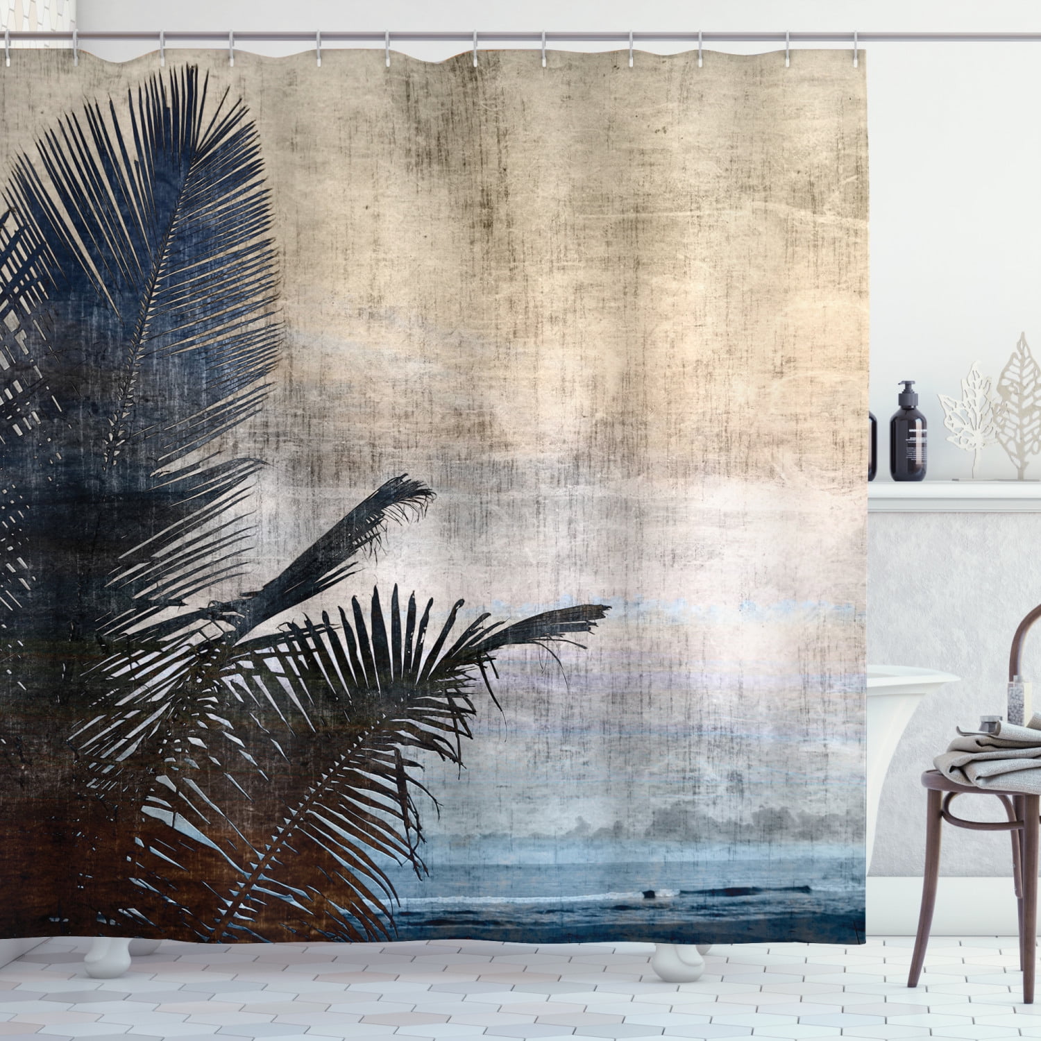 Hawaiian Shower Curtain, Palm Tree Leaves on Grunge Background with Sea