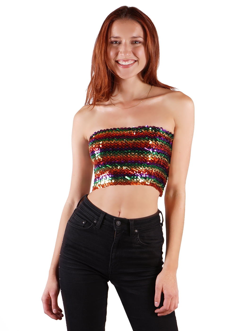 Kakaco Sequins Tube Top Stretch Bandeau Strapless Sequin Crop Top