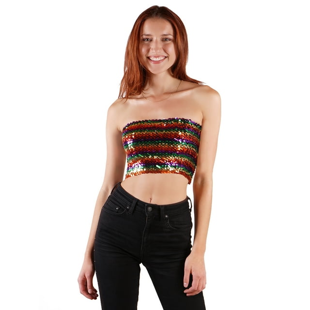 Womens Shiny Sequin Party Cropped Strapless Bandeau Stretch Tube Top