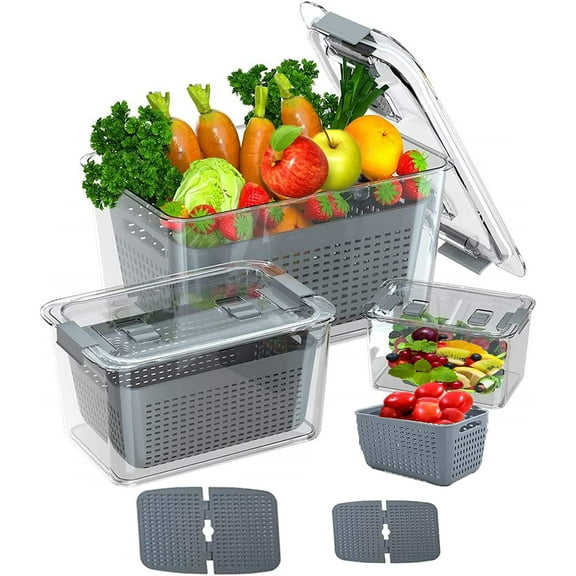 3-pack Vegetable and Fruit Storage Containers for Fridge Organizer Produce Saver Containers for Refrigerator Lettuce Keeper BPA-Free Kitchen Organization with Lids and Air Vents (Grey)